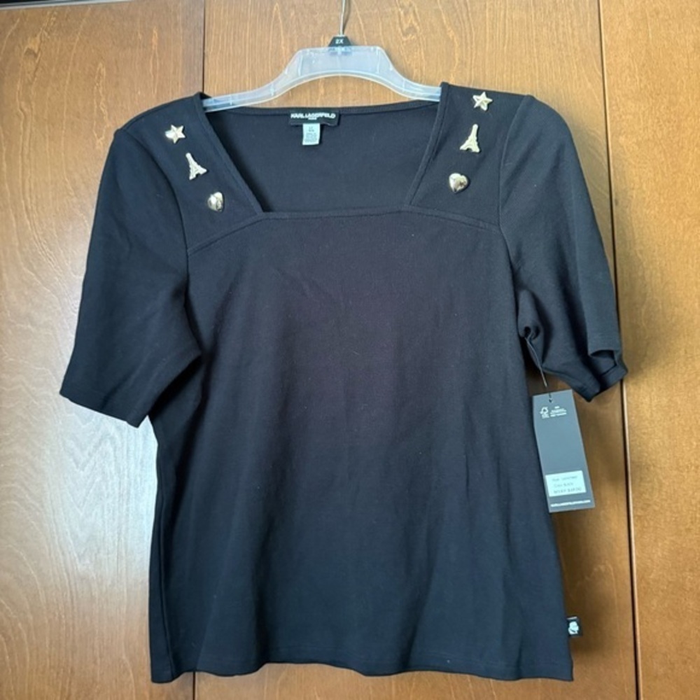 Karl Lagerfeld NWT Black Short Sleeve Knit Top with Gold Paris Inspired Buttons